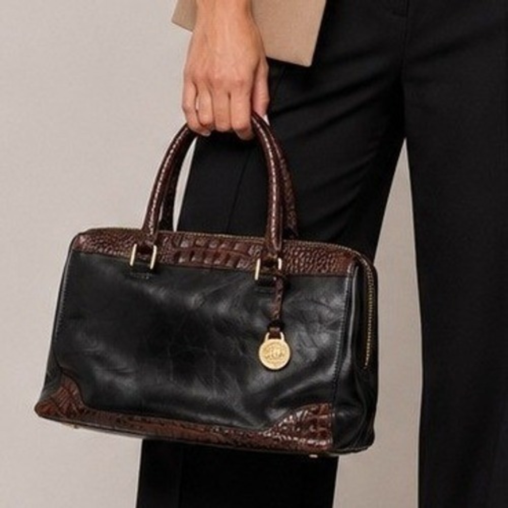 Brahmin Vintage Black Brown Croc Embossed Leather Satchel Handbag Medallion USA